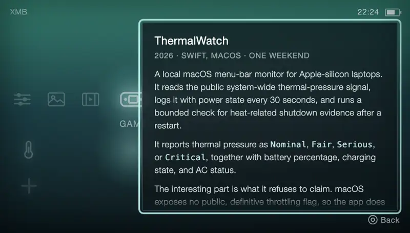 ThermalWatch opened. A detail panel covers the right two thirds of the screen with the project write-up, and the text fades out at the bottom edge to show there is more below.